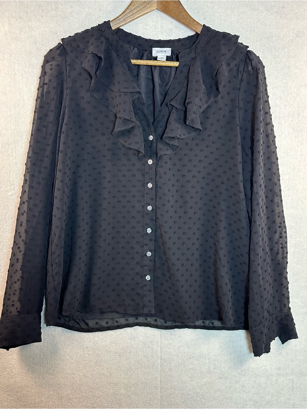 J. Crew Black Swiss Dot Ruffle Blouse Womens Medium Sheer Button